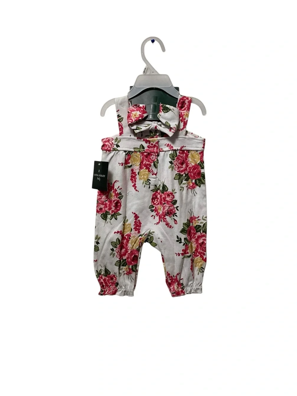 Laura Ashley White Floral Bow Jumpsuit with Pink and Yellow Roses
